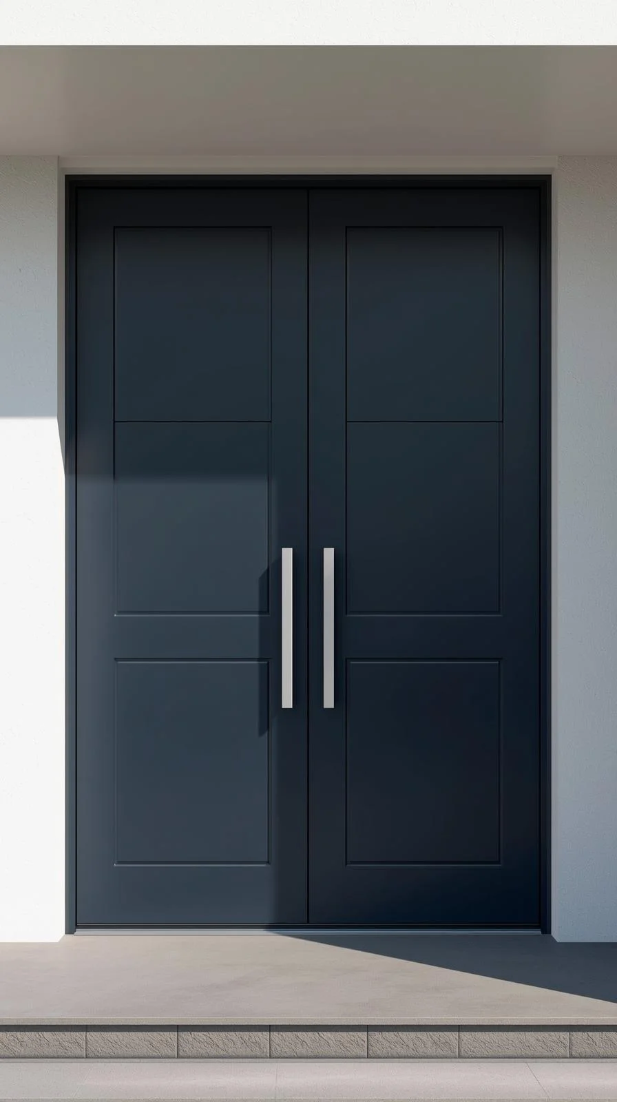 Minimalist flush panel double door entryway with bold painted finish and simple steel handle on a modern home facade.