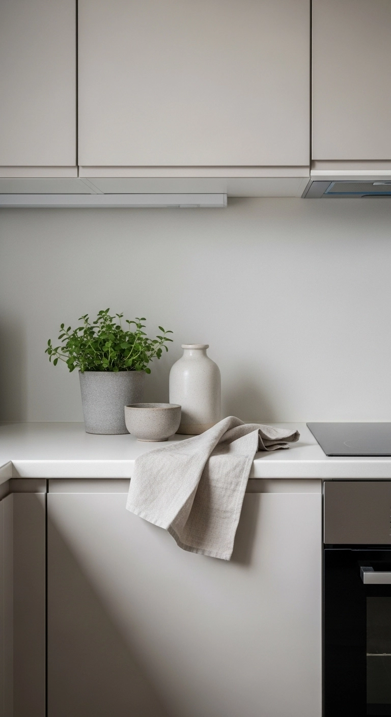 Japandi kitchen with minimal decor including a small plant, ceramic vase, and linen cloth, creating a calm and functional space.
