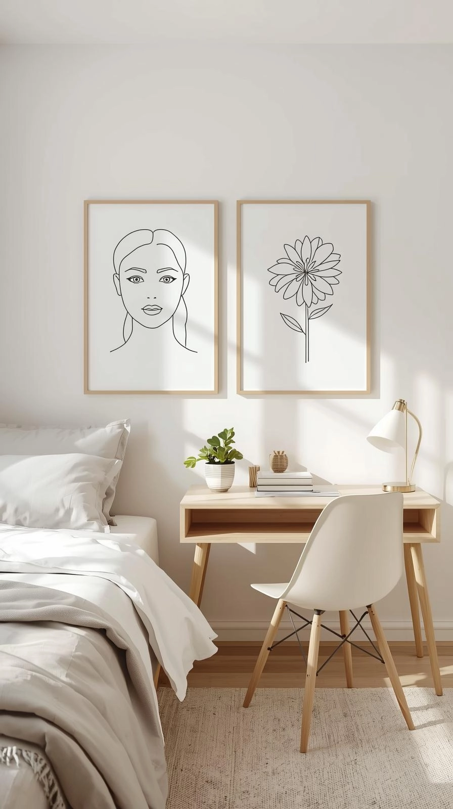 A modern dorm room with minimalist line art posters on the wall, creating a clean, balanced, and organized look.