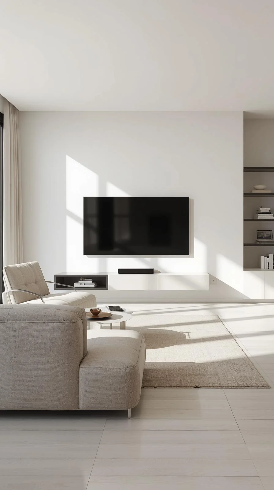 Minimalist TV wall with clean lines in a modern living room featuring neutral colors and simple decor.