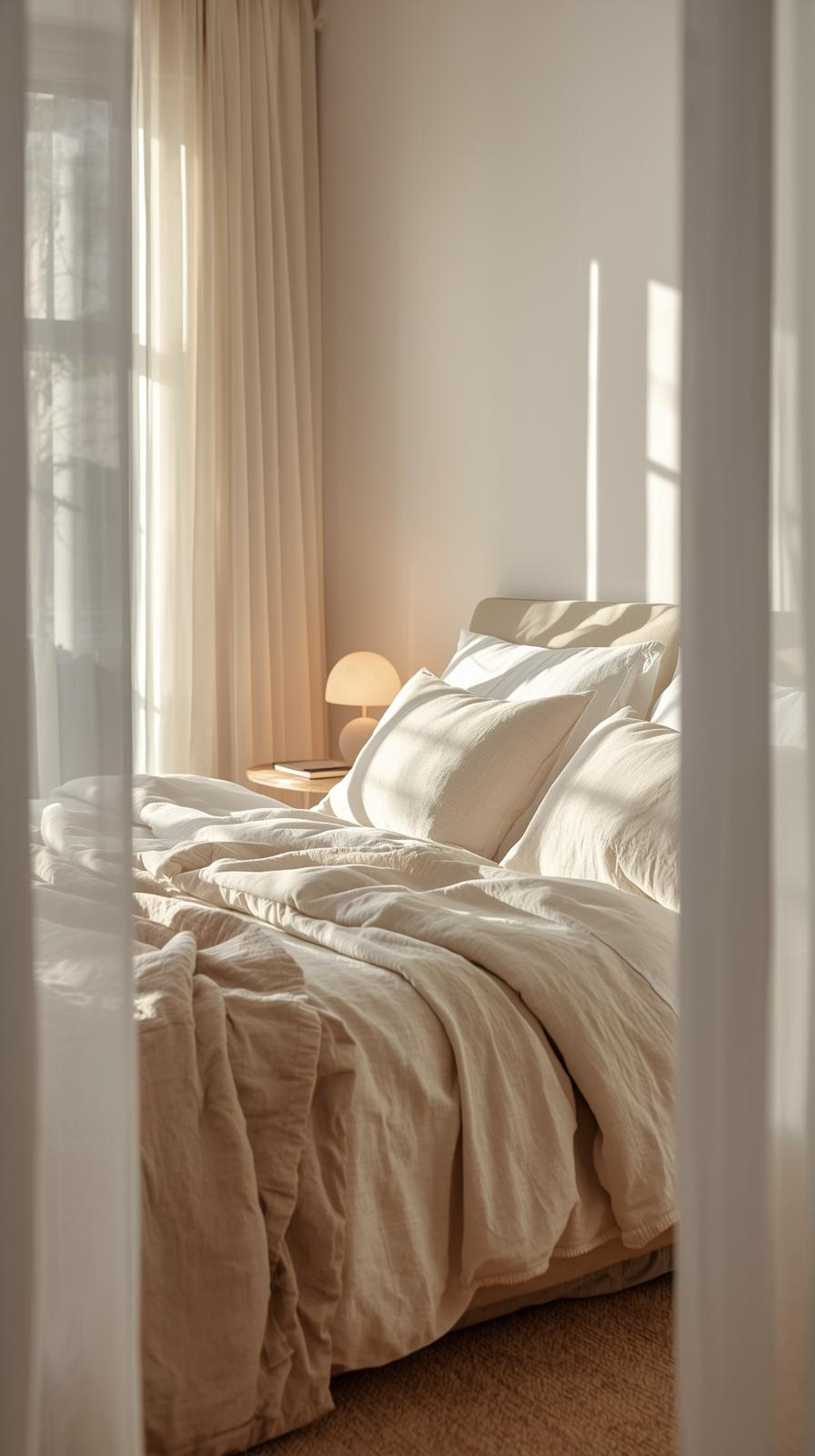 Minimalist bedroom decor inspiration focused on comfort, featuring linen bedding, soft pillows, and a clean restful layout.
