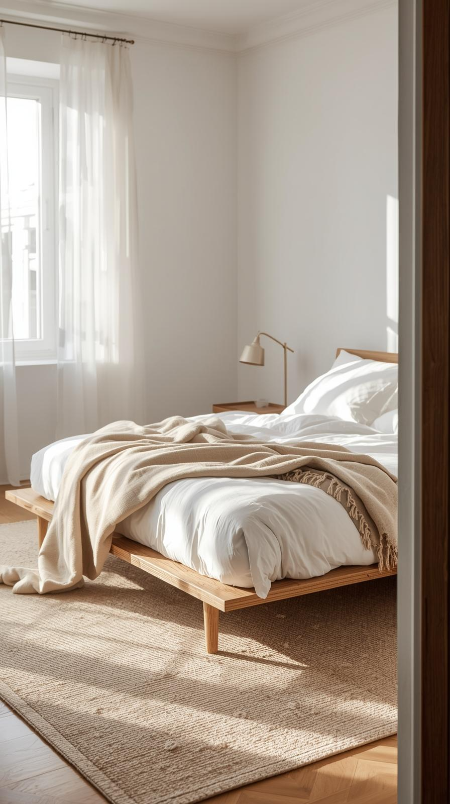 Minimalist bedroom decor inspiration with a simple wooden bed frame, white bedding, and soft neutral accents.