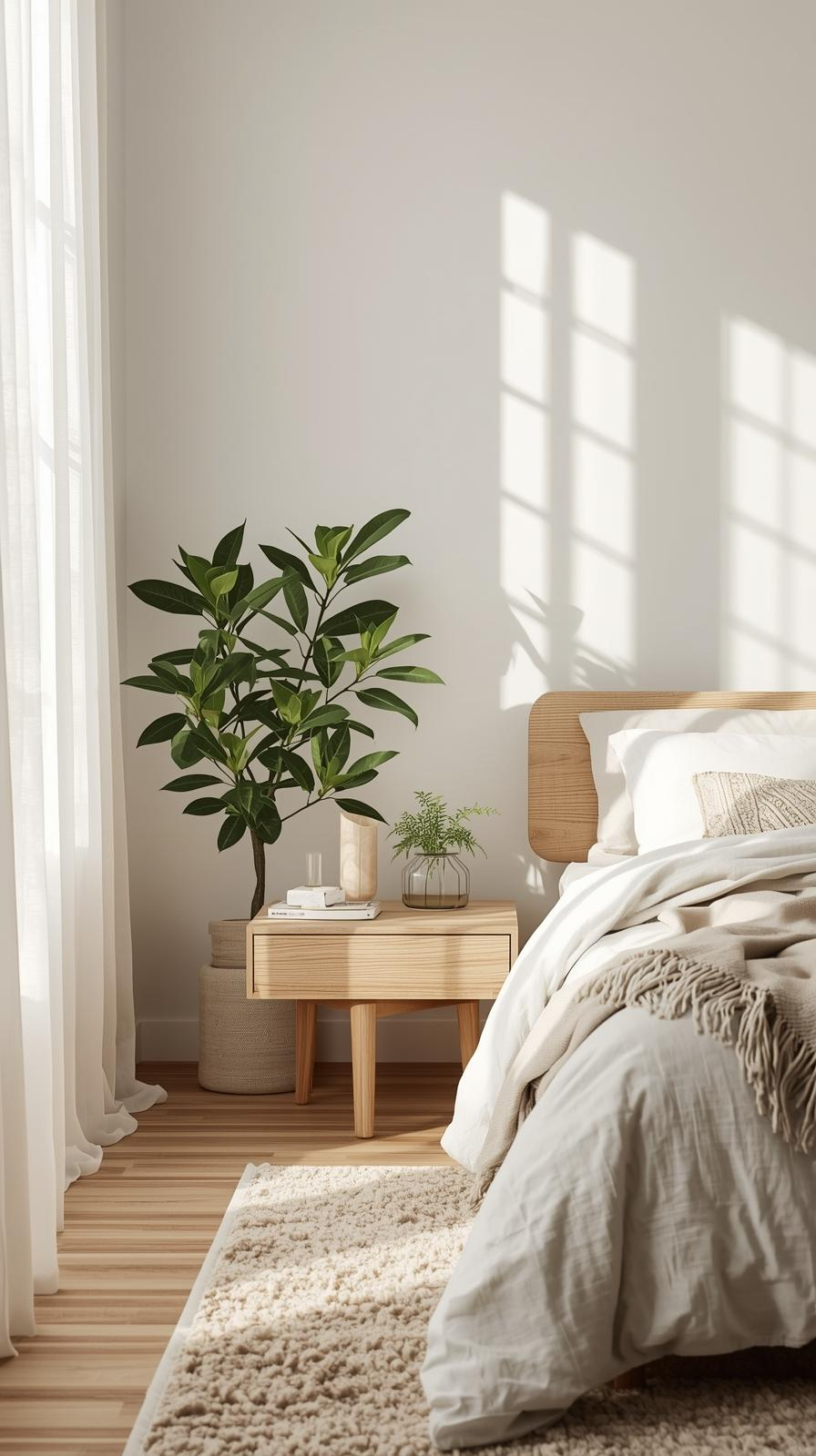 Minimalist bedroom decor inspiration with greenery, including a potted plant and vase with leaves, adding warmth to neutral tones.
