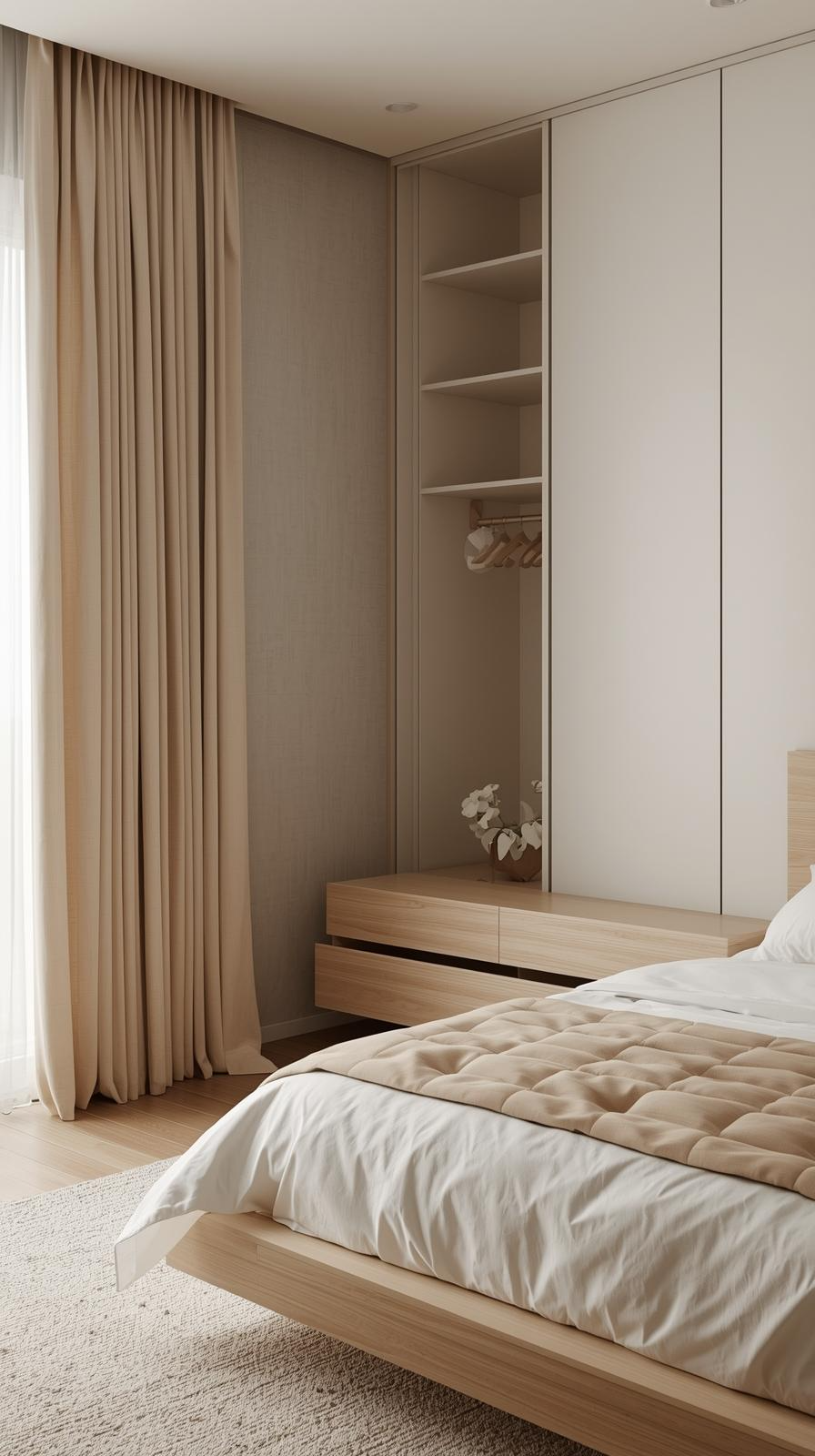 Minimalist bedroom decor inspiration with hidden storage, wooden dresser, under-bed drawers, and a simple wardrobe.
