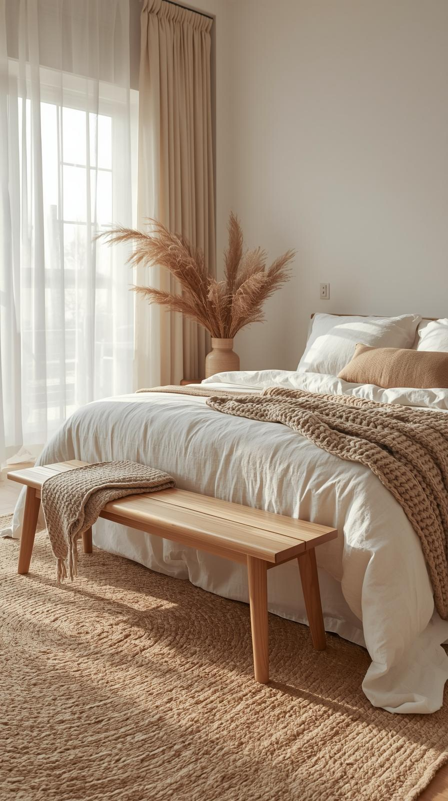 Minimalist bedroom decor inspiration with linen bedding, knitted throws, and textured rugs for warmth.
