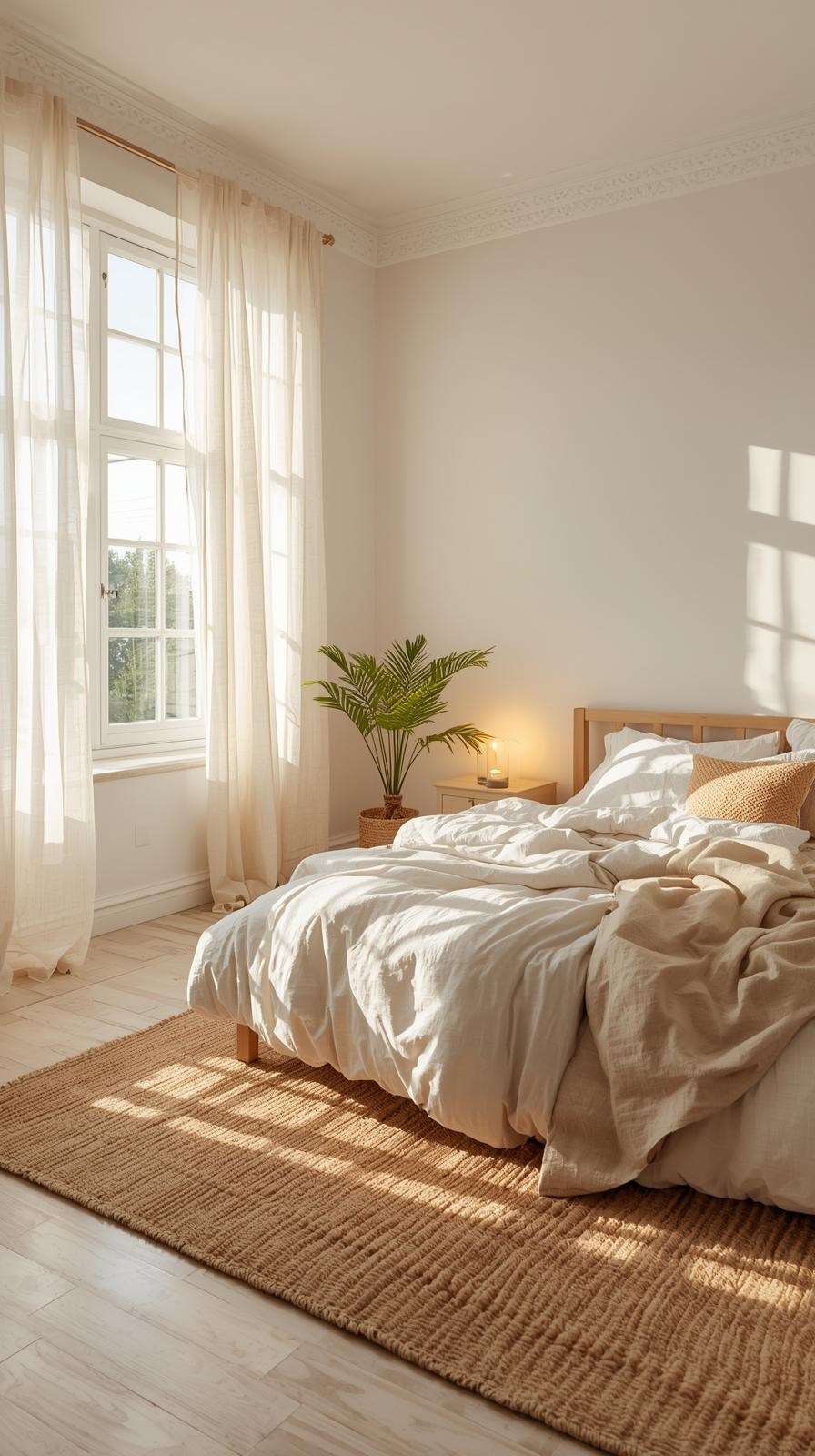 Minimalist bedroom decor inspiration with natural light, sheer curtains, and soft neutral bedding.