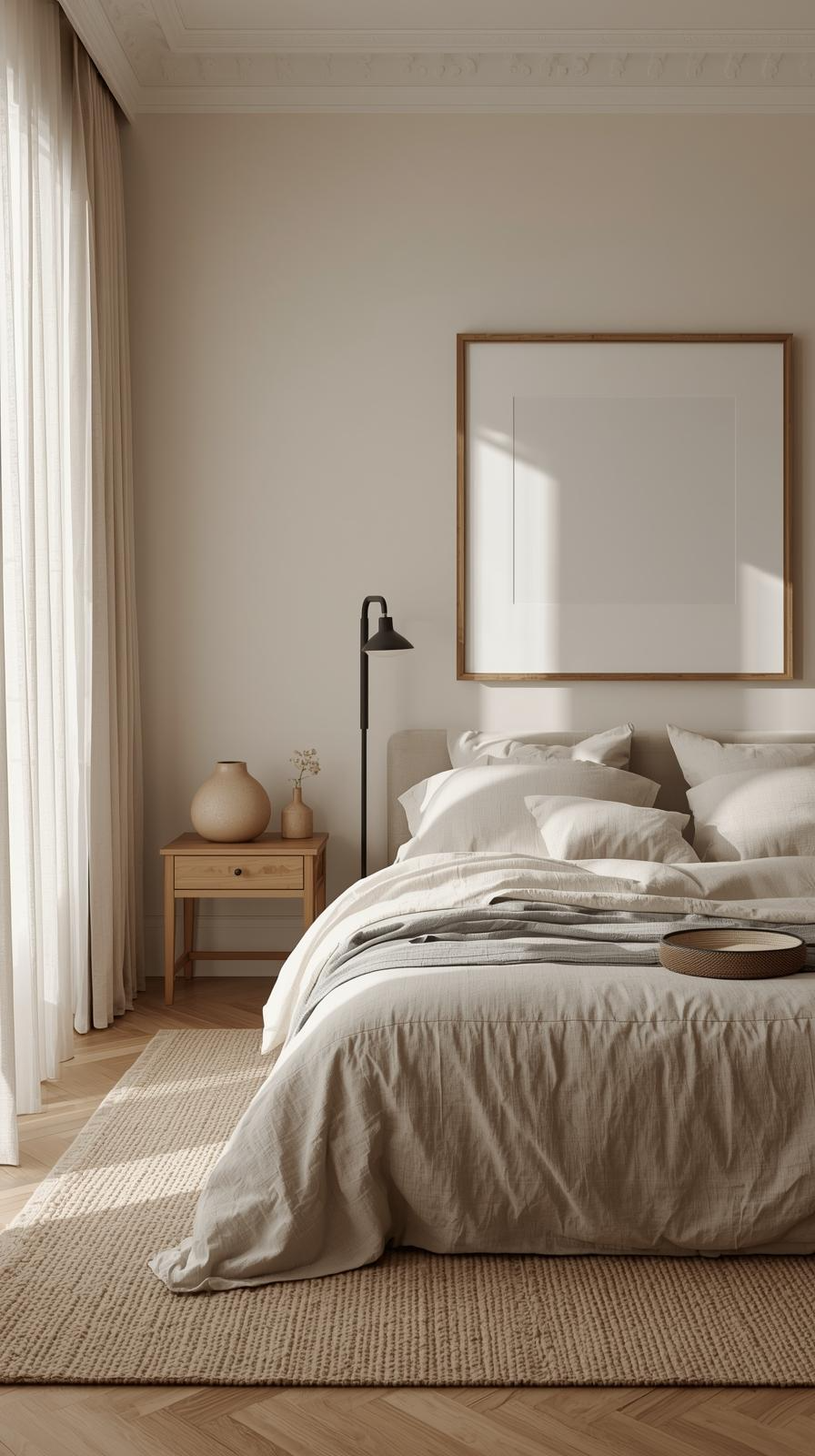 Minimalist bedroom decor inspiration with one large artwork above the bed on a neutral wall, creating calm and open design.