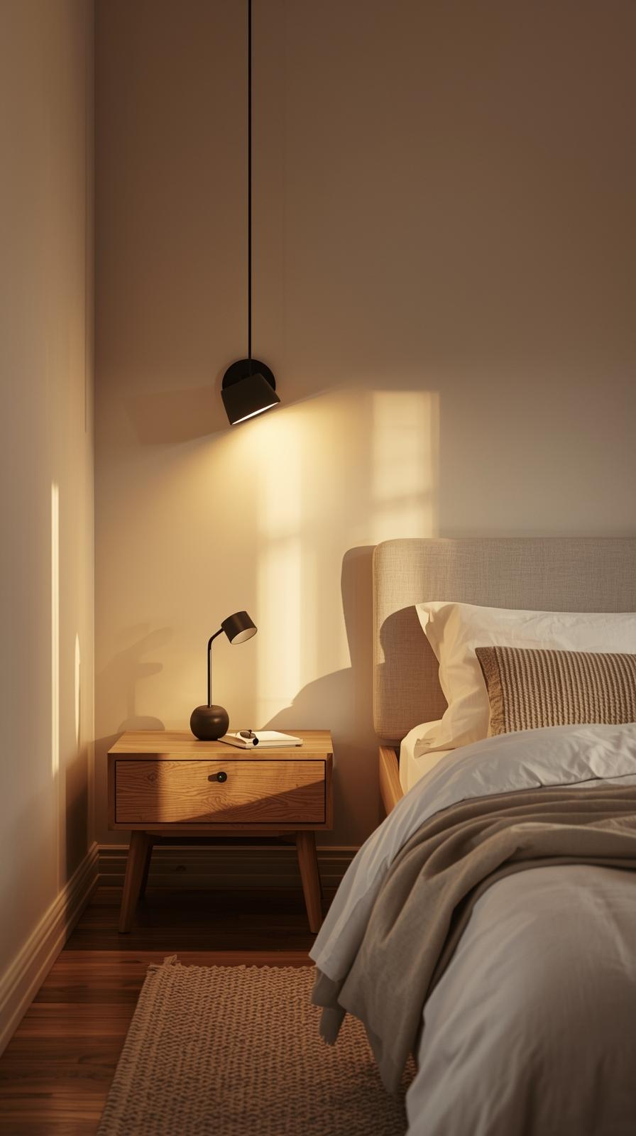 Minimalist bedroom decor inspiration with soft lighting layers, including a bedside lamp, floor lamp, and wall sconce in warm tones.