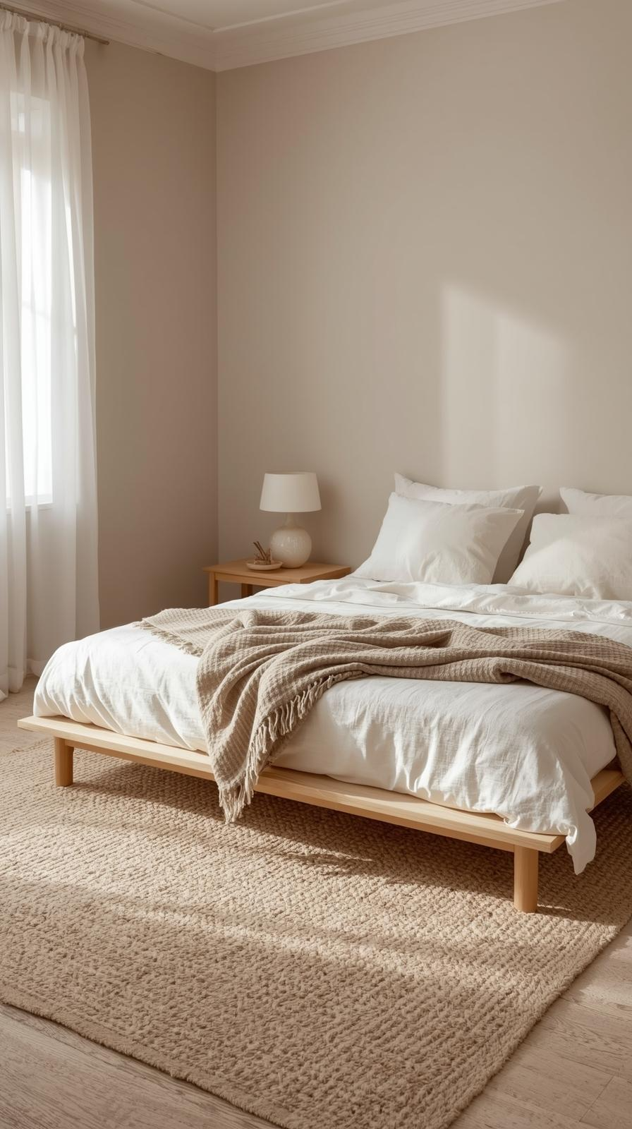 Minimalist bedroom decor inspiration with soft neutral colors, a wooden bed frame, linen bedding, and natural light.