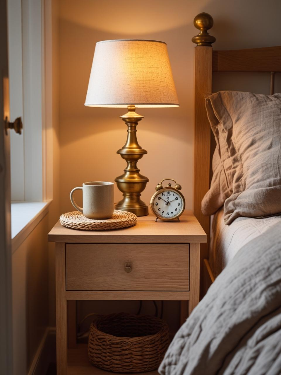 Minimalist bedside table with lamp, mug, and clock showing functional bedroom design.