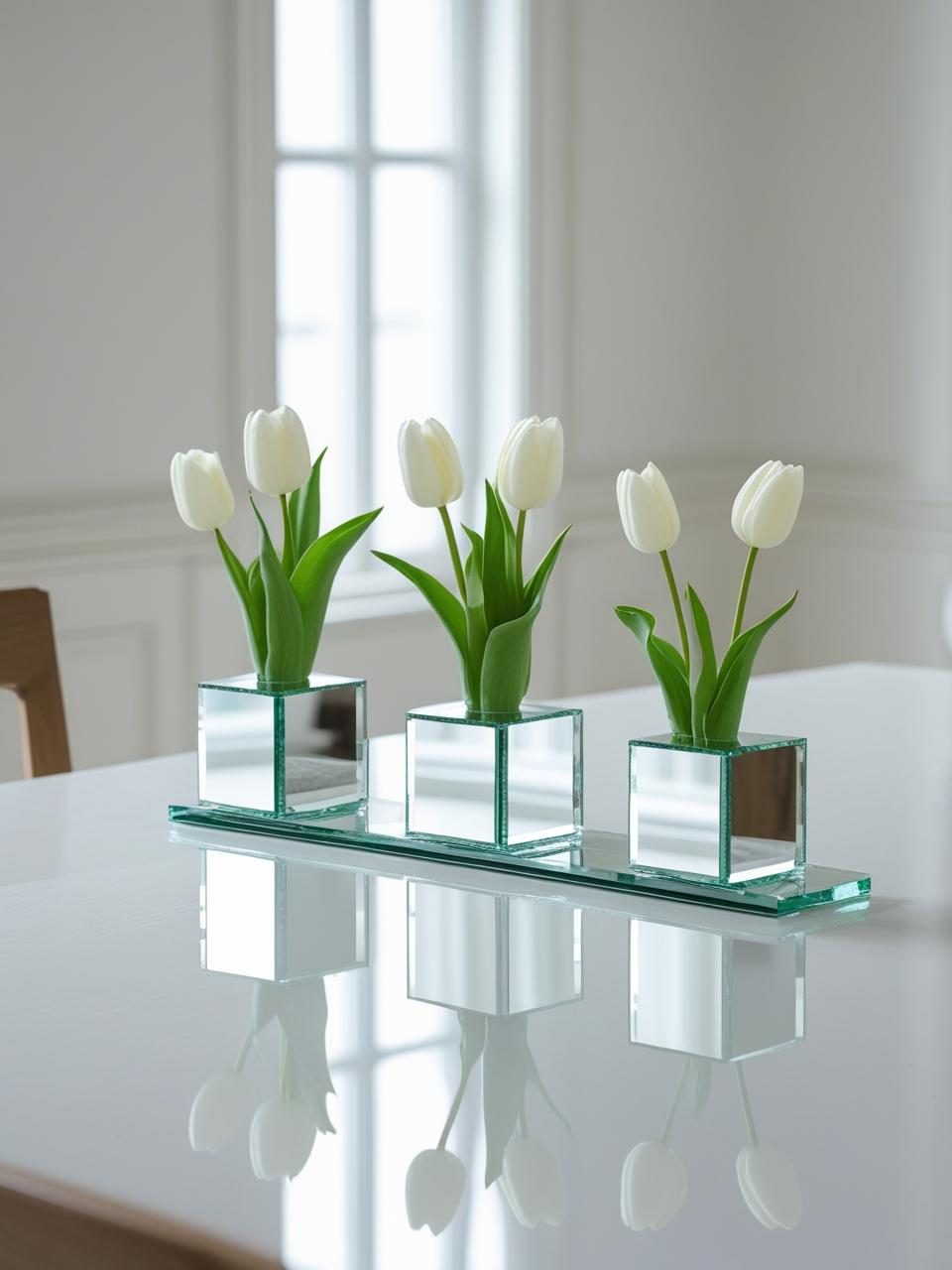 Mirror tile runner with small bud vases centerpiece on a dining room table – Dining Room Table Centerpiece Ideas.