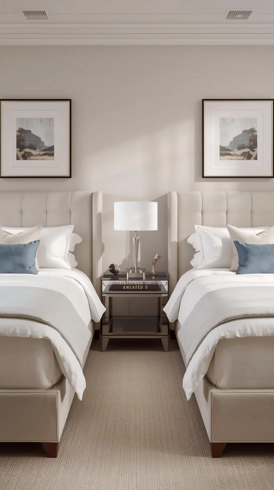 Twin beds in one room ideas with mirrored design, featuring matching headboards, lamps, and bedding for a balanced look.