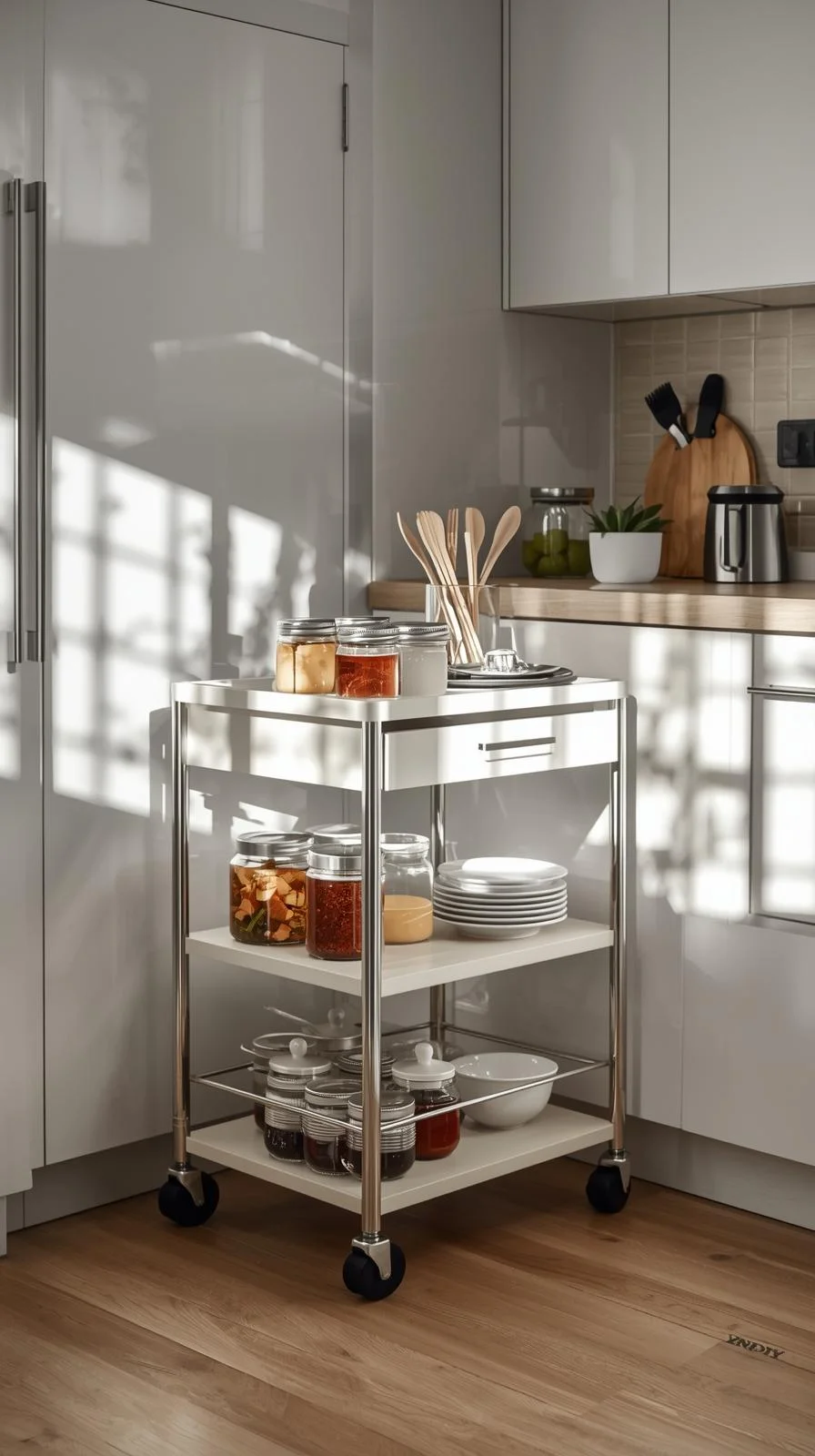 Small space kitchen storage ideas with a mobile rolling cart used as extra prep space and portable pantry storage.