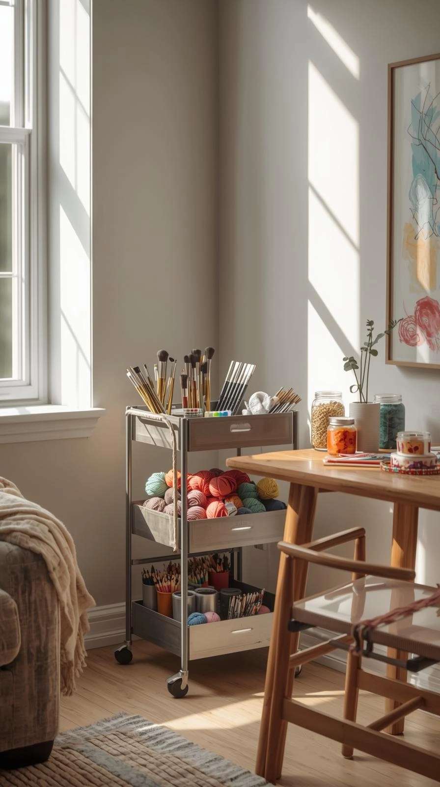Rolling craft cart with art supplies in a cozy small space craft room setup.
