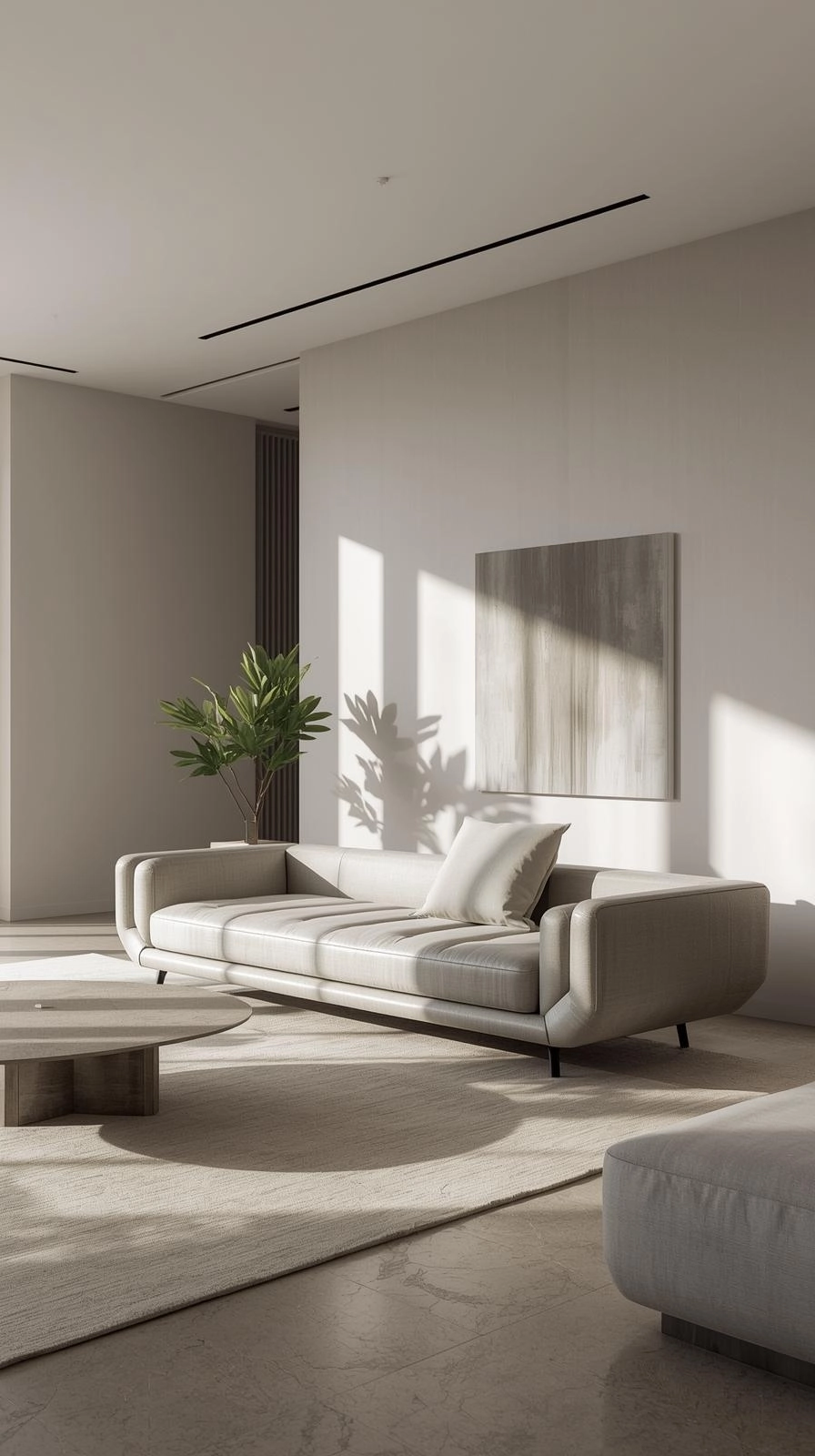 Modern living room with a minimalist daybed couch in neutral tones, clean lines, and simple decor for a sleek contemporary style.