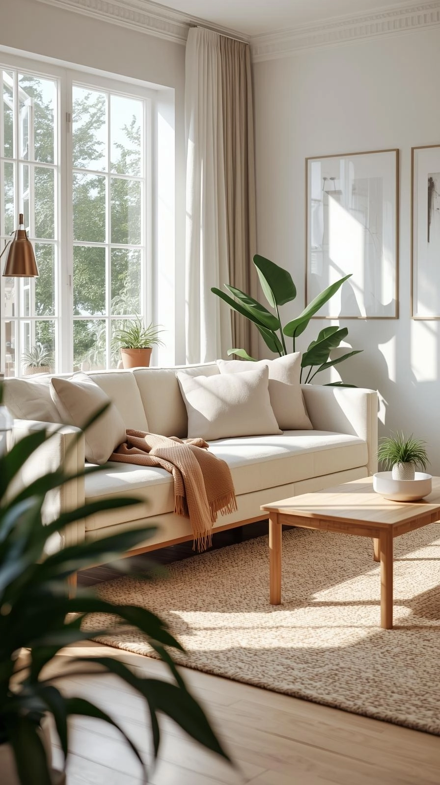 Modern living room with a beige daybed couch used as the main sofa, styled with cushions and a throw blanket for a cozy home look.