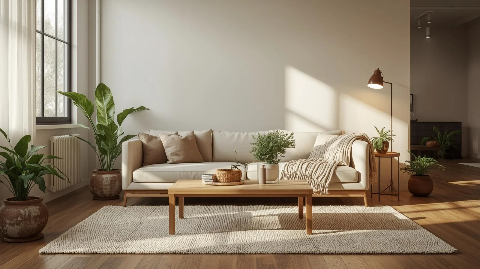Modern warm apartment aesthetic living room with cozy neutral decor, wooden furniture, and natural light.
