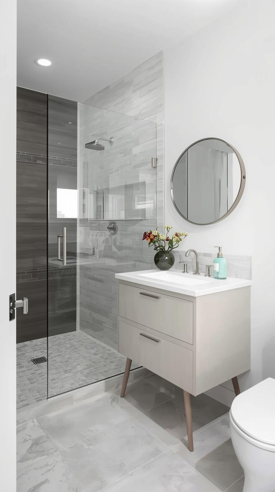 Modern small bathroom design ideas using light colors with a charcoal feature wall to create depth and expand the space.