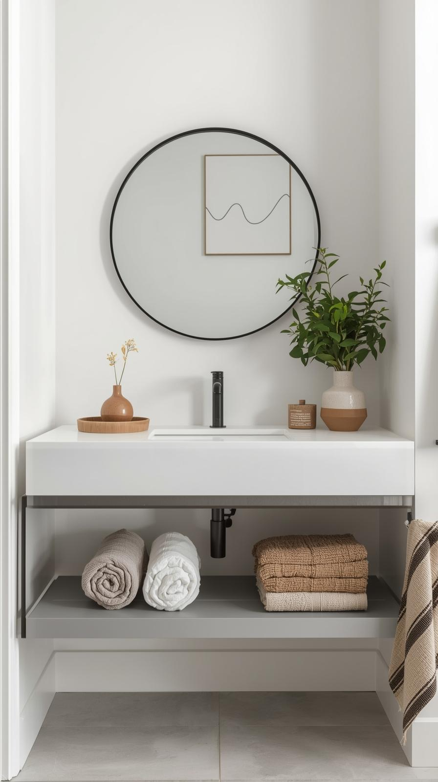 Modern small bathroom design ideas with artwork, textured towels, and handmade pottery adding warmth and personality.