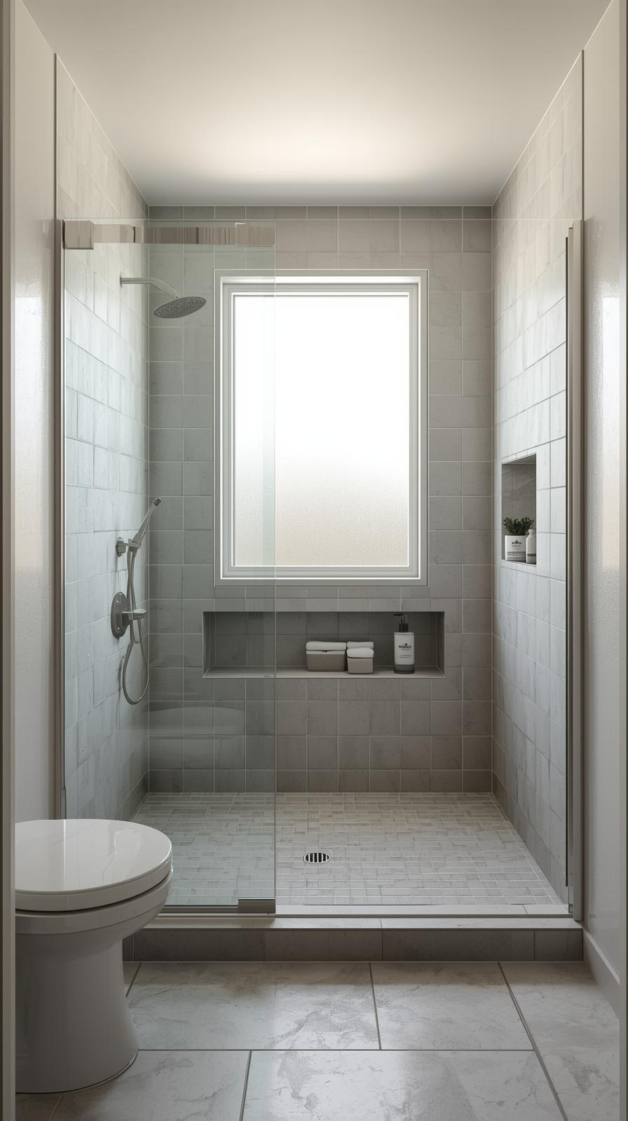 Modern small bathroom design ideas with frameless walk-in glass shower, large-format tiles, and recessed niche for an open look.