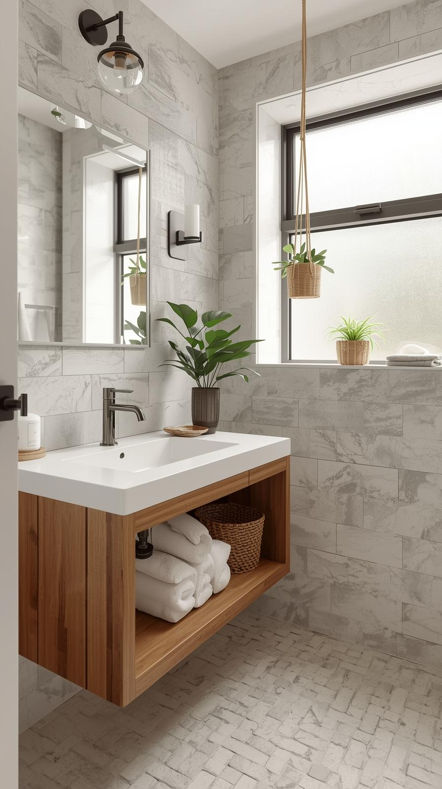 Modern small bathroom design ideas with green plants, wood vanity, stone tiles, and bamboo accents for a natural, calming feel.