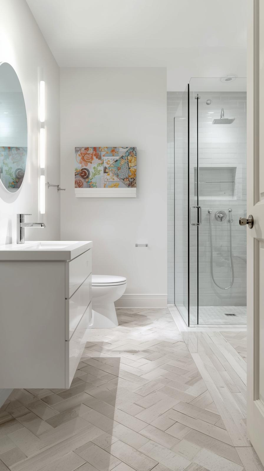 Modern small bathroom design ideas with herringbone tile flooring, light colors, and large tiles to expand and brighten the space.