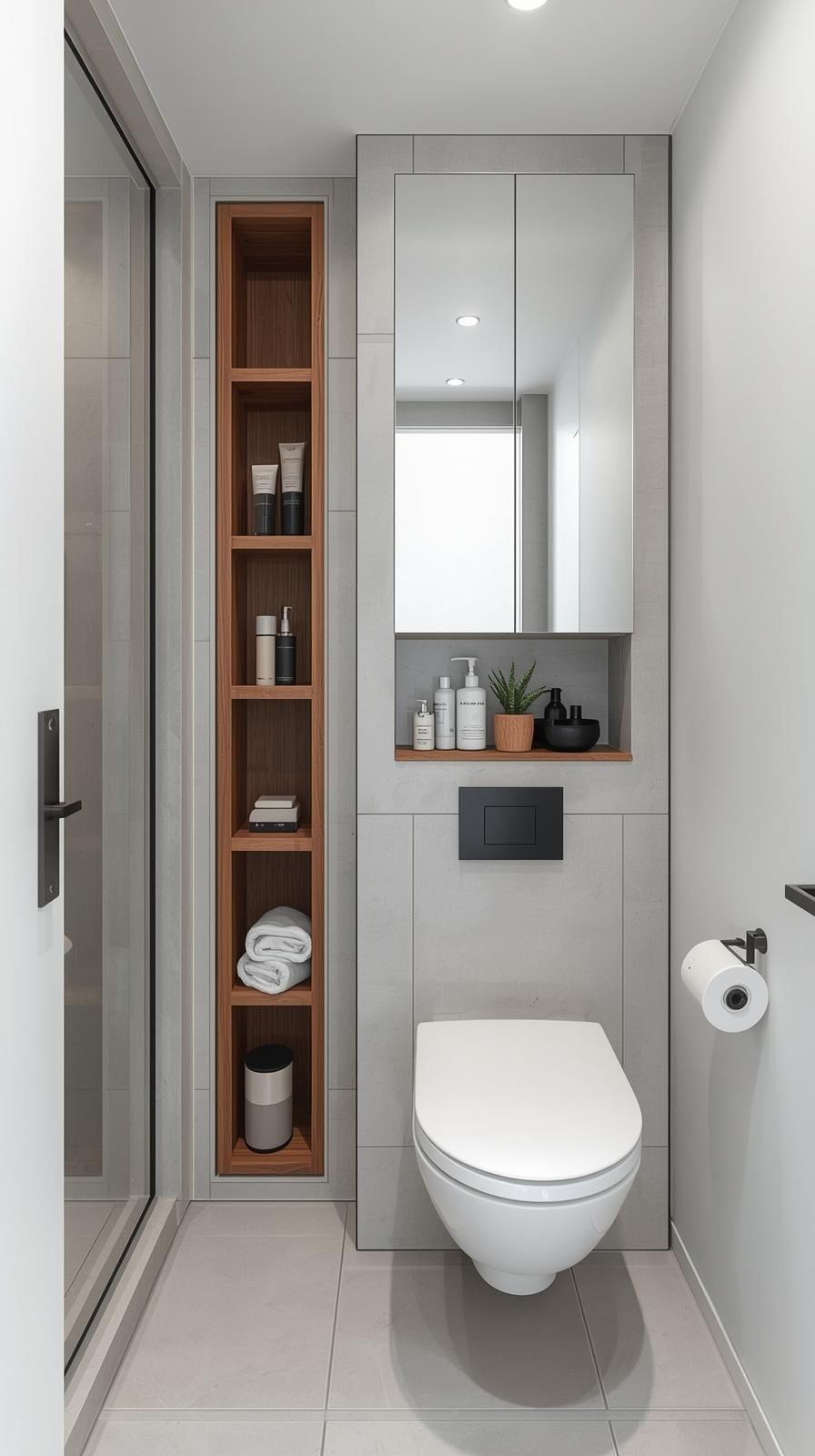 Modern small bathroom design ideas with vertical storage, recessed niches, mirrored cabinet, and slim shelving for a clutter-free look.