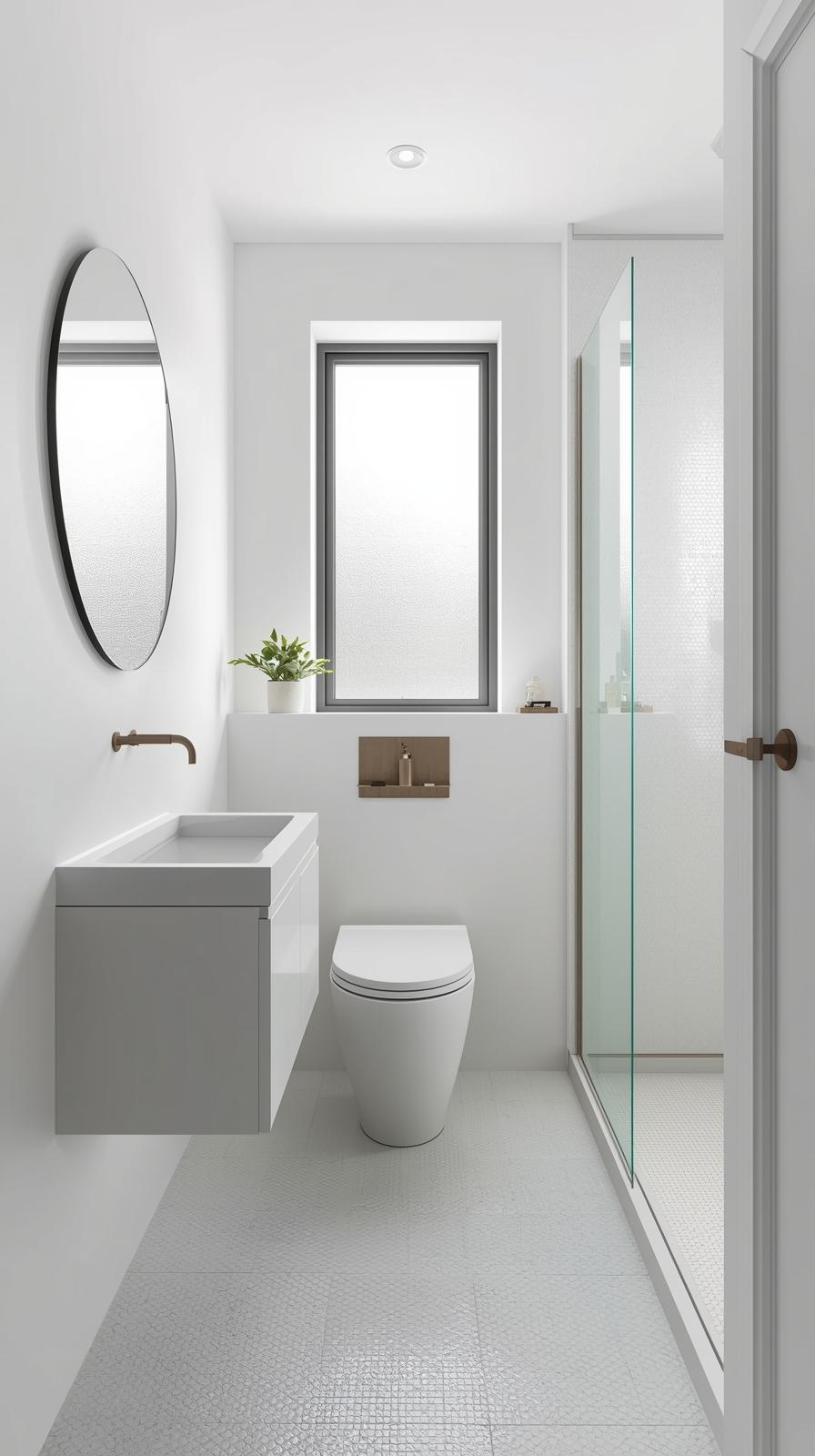 Modern small bathroom design ideas with smart layout featuring corner shower, floating vanity, and bright natural lighting.