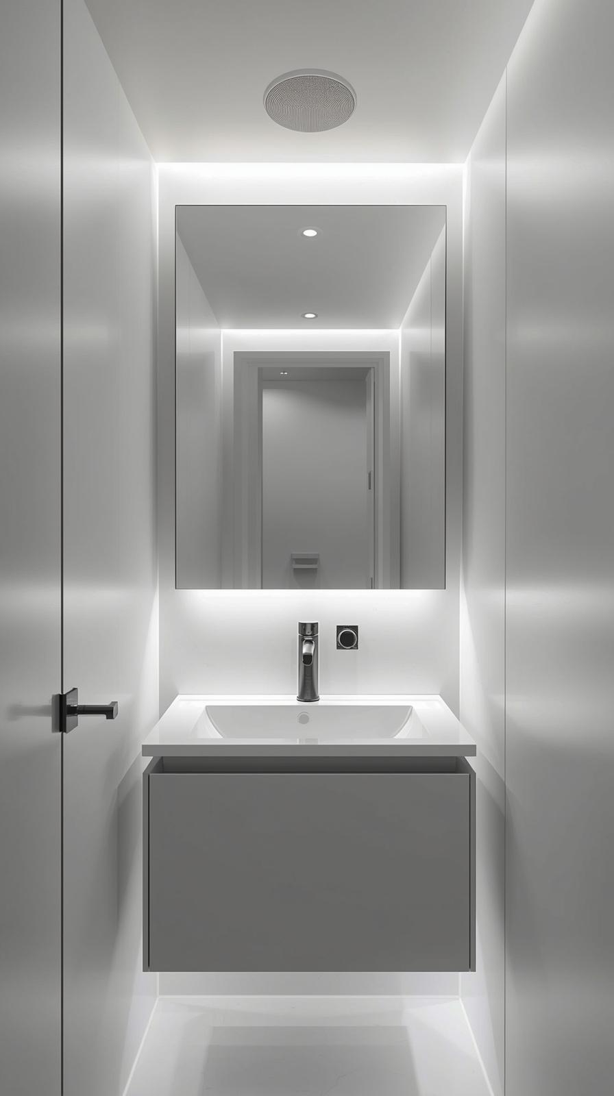 Modern small bathroom design with heated mirror, touchless faucet, and smart lighting technology.