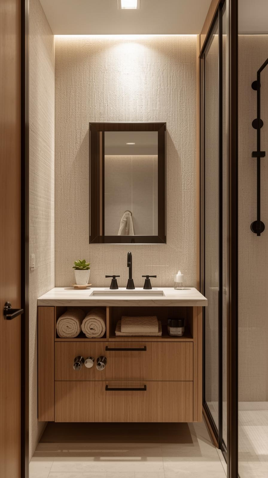 Modern small bathroom with cohesive design using matching wood tones and consistent black hardware.