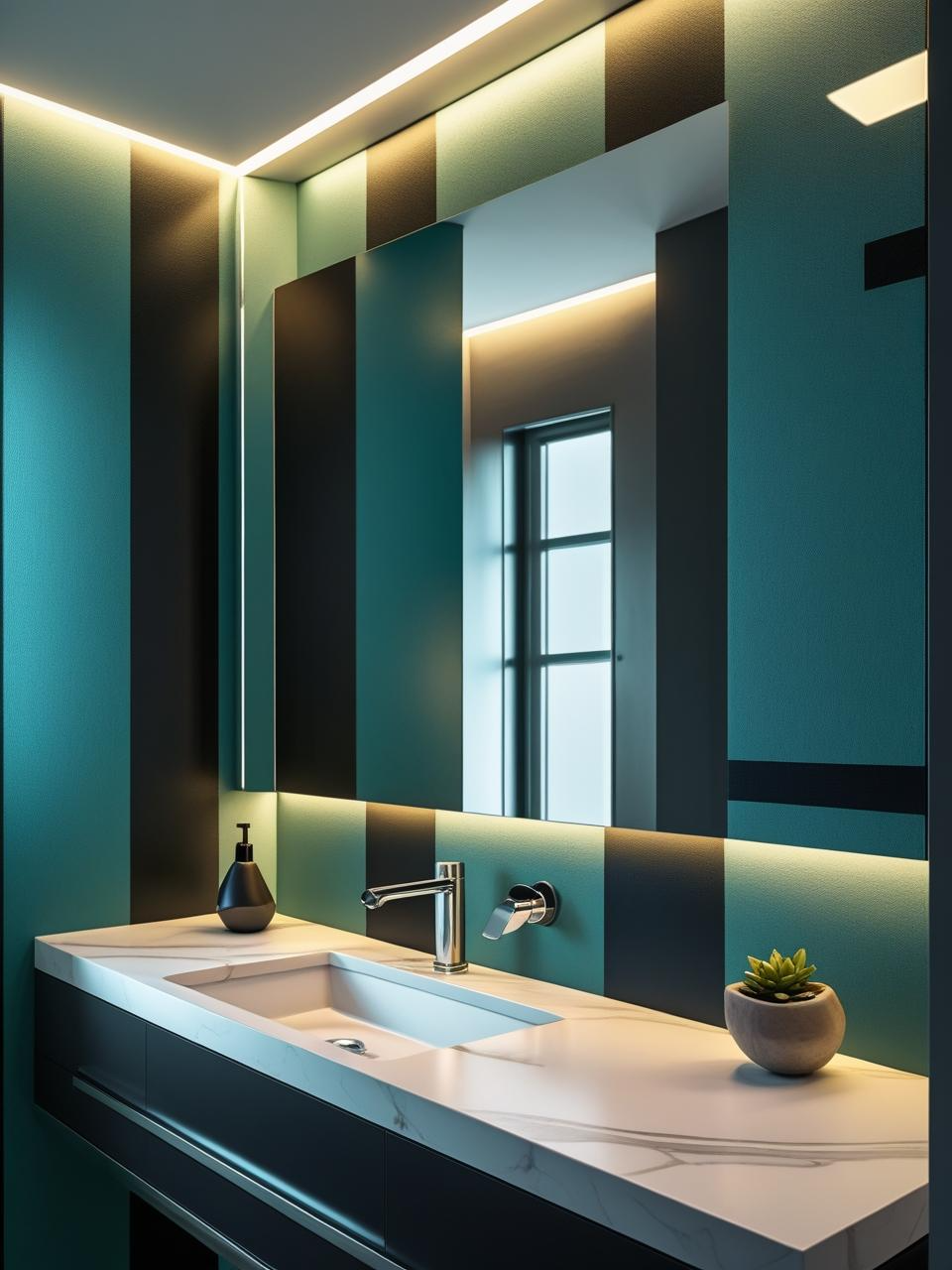 Modern statement powder room with bold geometric wallpaper, sleek vanity, and minimal accessories for a stylish look