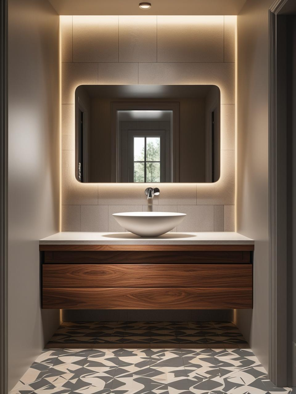 Modern statement powder room with floating wood vanity, open floor space, and patterned flooring for an airy look