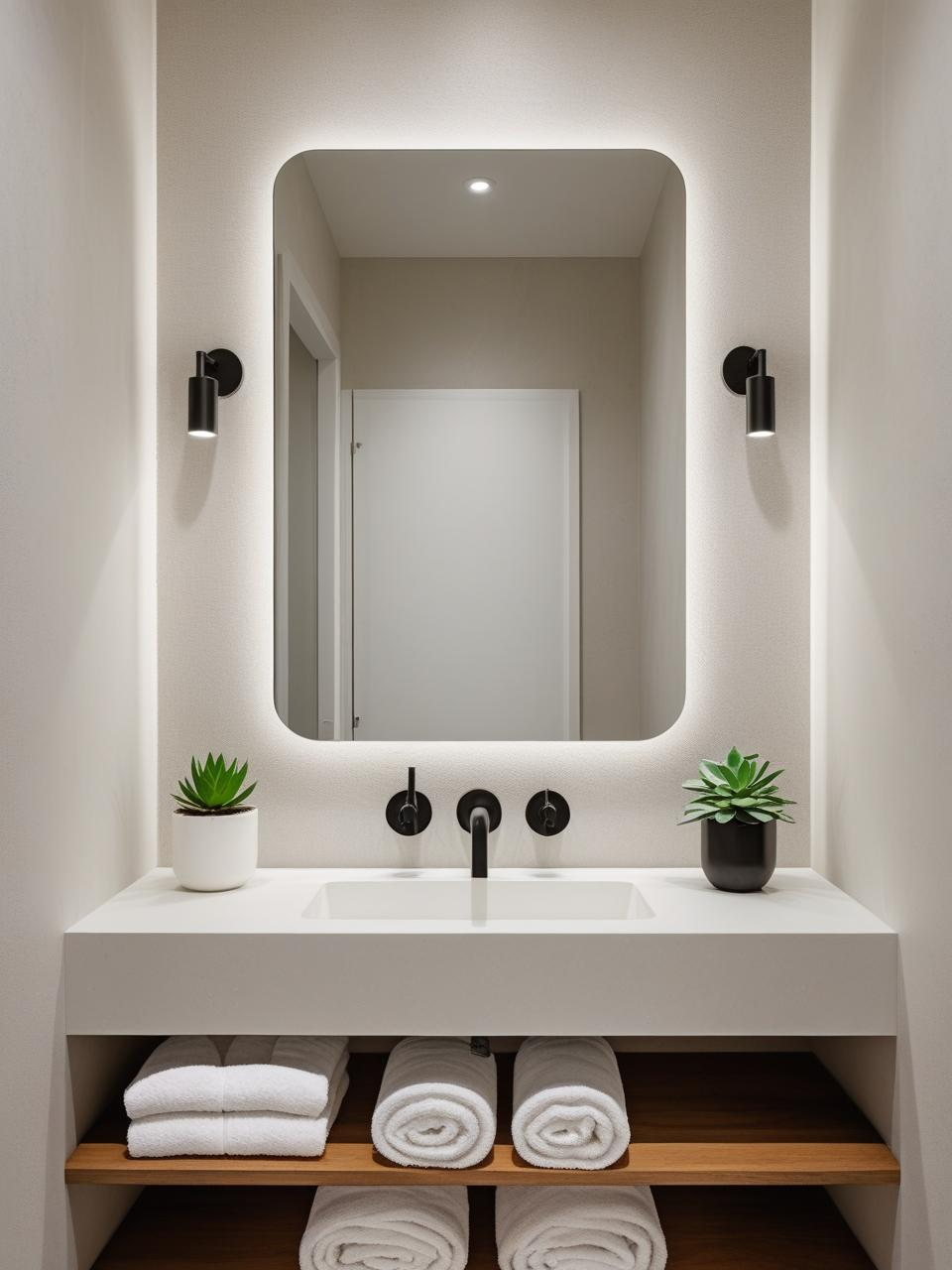 Modern statement powder room with open wood shelving under a floating vanity styled with towels and plants