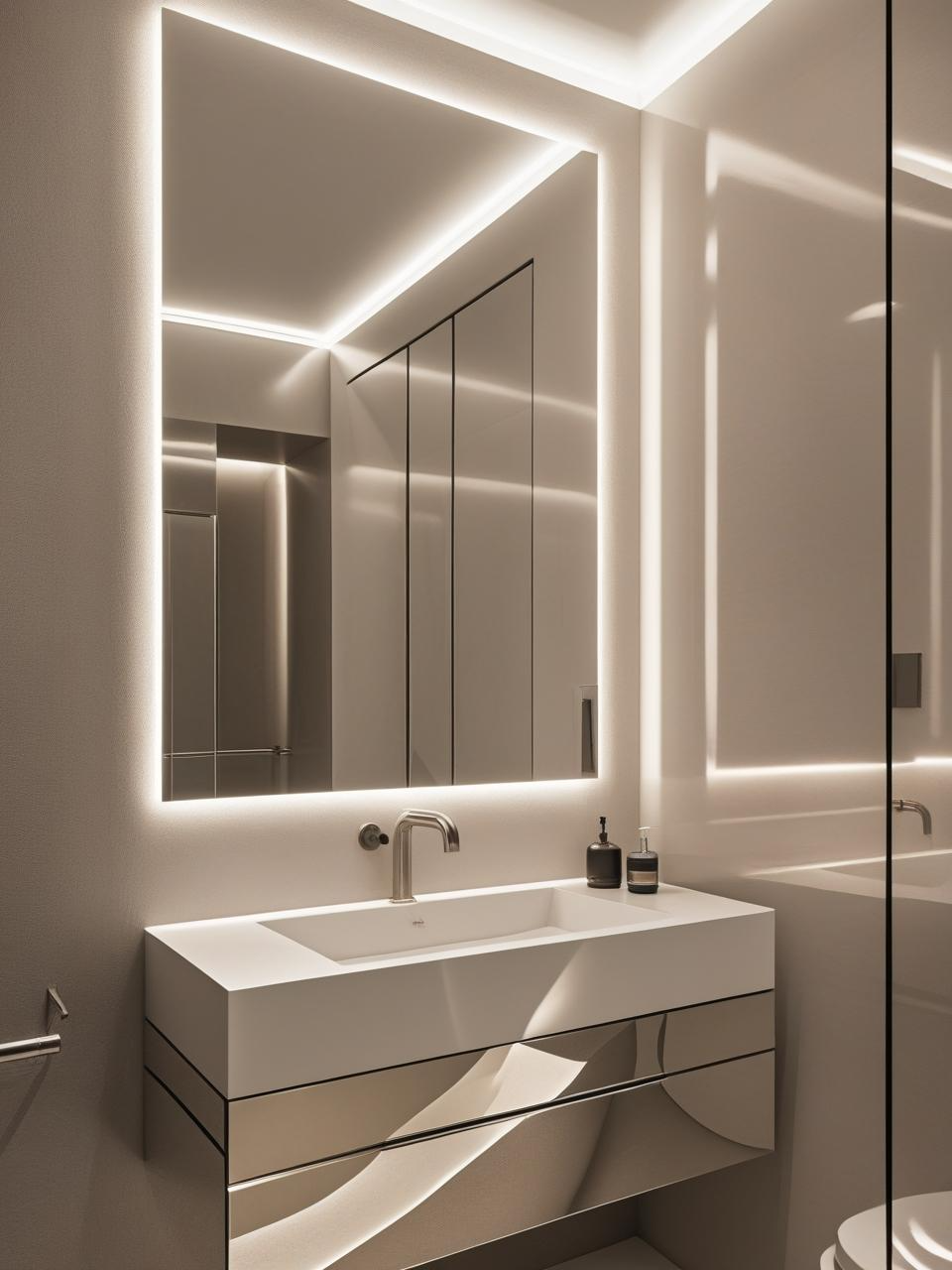 Modern statement powder room with oversized frameless mirror and sleek vanity that visually expands the space