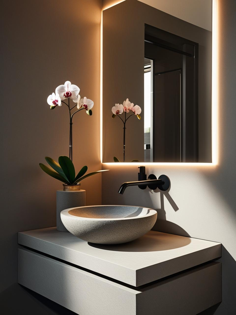 Modern statement powder room with an artistic matte stone vessel sink as the bold centerpiece of the design