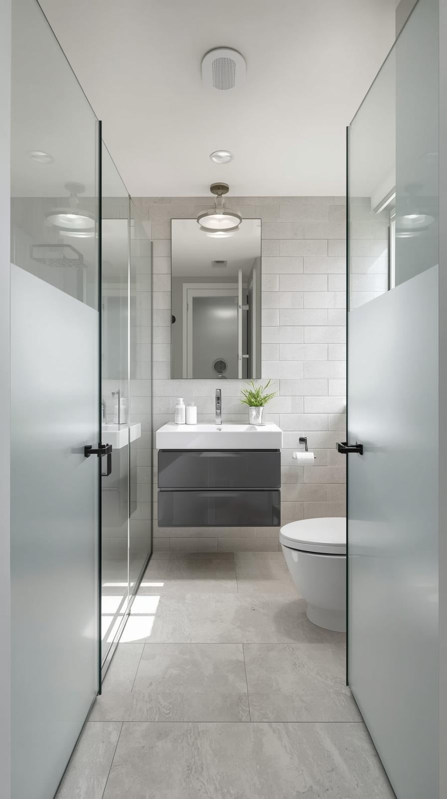Modern tiny full bathroom Jack-and-Jill layout with shower, central vanity, and wall-mounted toilet accessible from two doors.