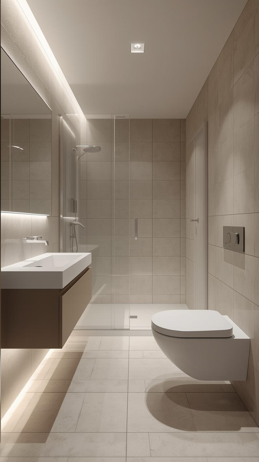 Modern tiny full bathroom floating layout with wall-hung toilet, floating vanity, and frameless walk-in glass shower.