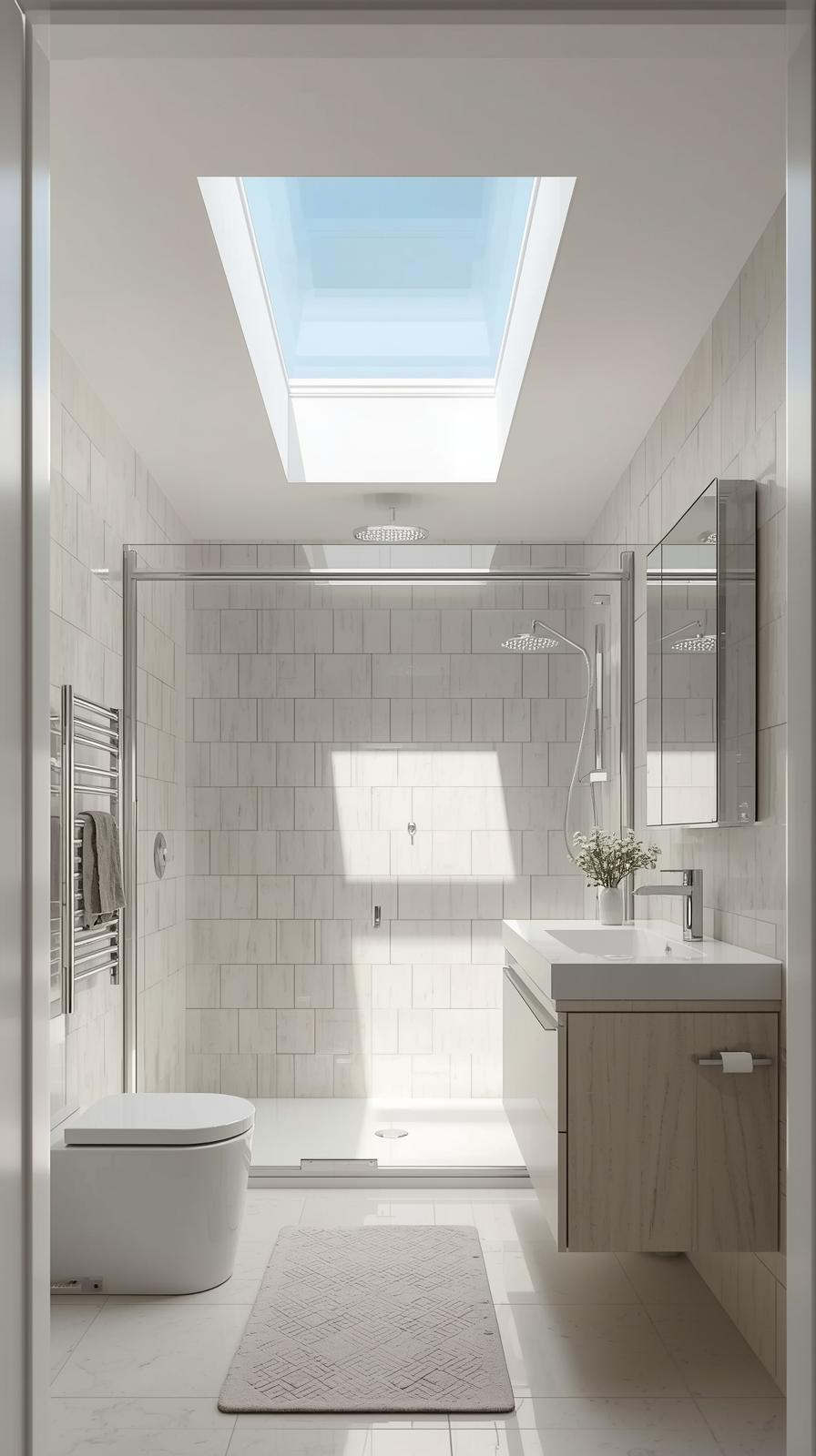 Modern tiny full bathroom skylight layout with natural light above the shower and vanity, creating a bright, open space.