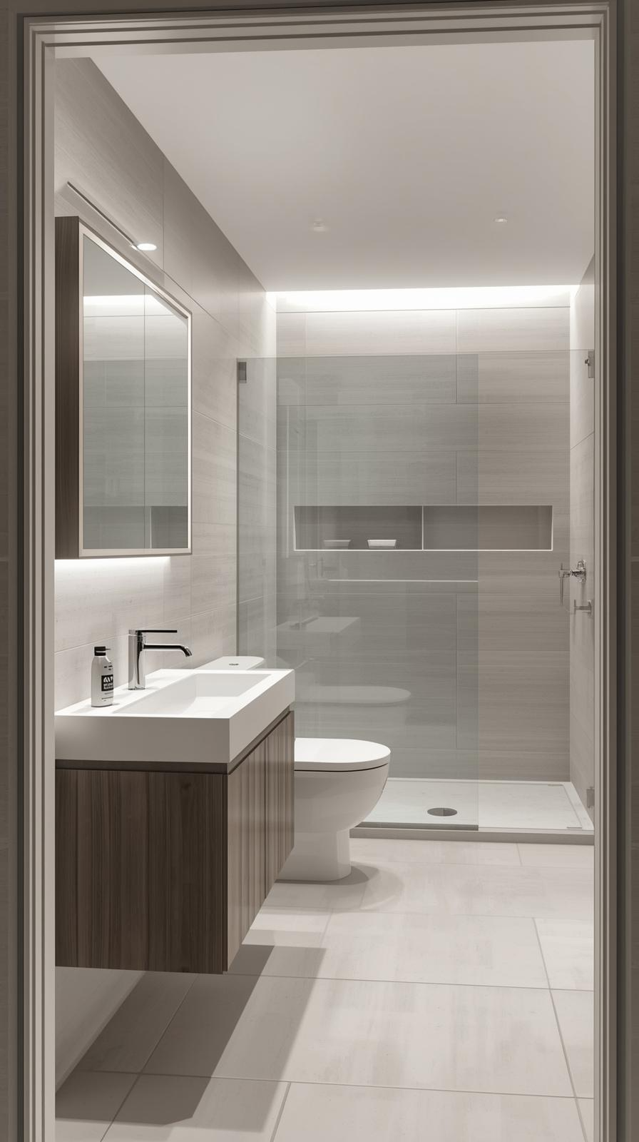 Modern tiny full bathroom split layout with vanity and toilet on one wall and frameless glass shower on the opposite side.