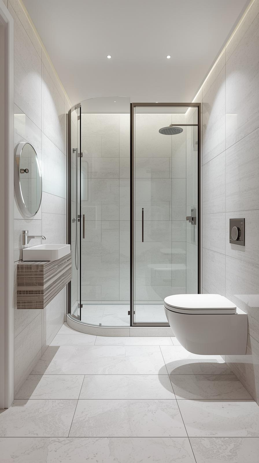 Modern tiny full bathroom with a corner glass shower, floating vanity, and wall-mounted toilet creating open central space.