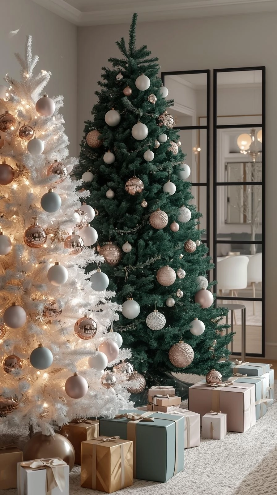 Monochrome Christmas tree in soft white and pale blue or emerald green and rose gold tones, showing 2025 Christmas tree trends.