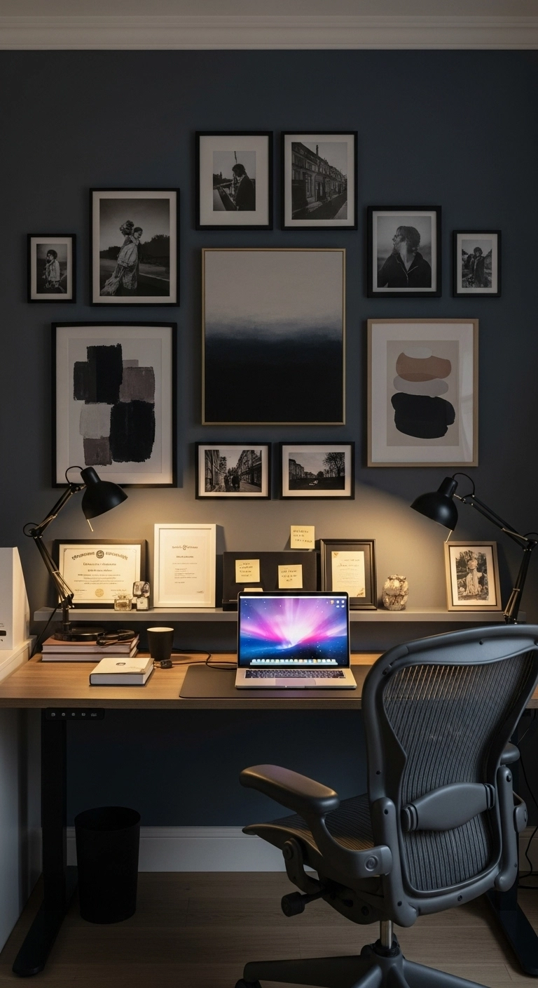 Moody home office with layered artwork and personal touches, featuring gallery wall, dark-toned decor, and a focused workspace.