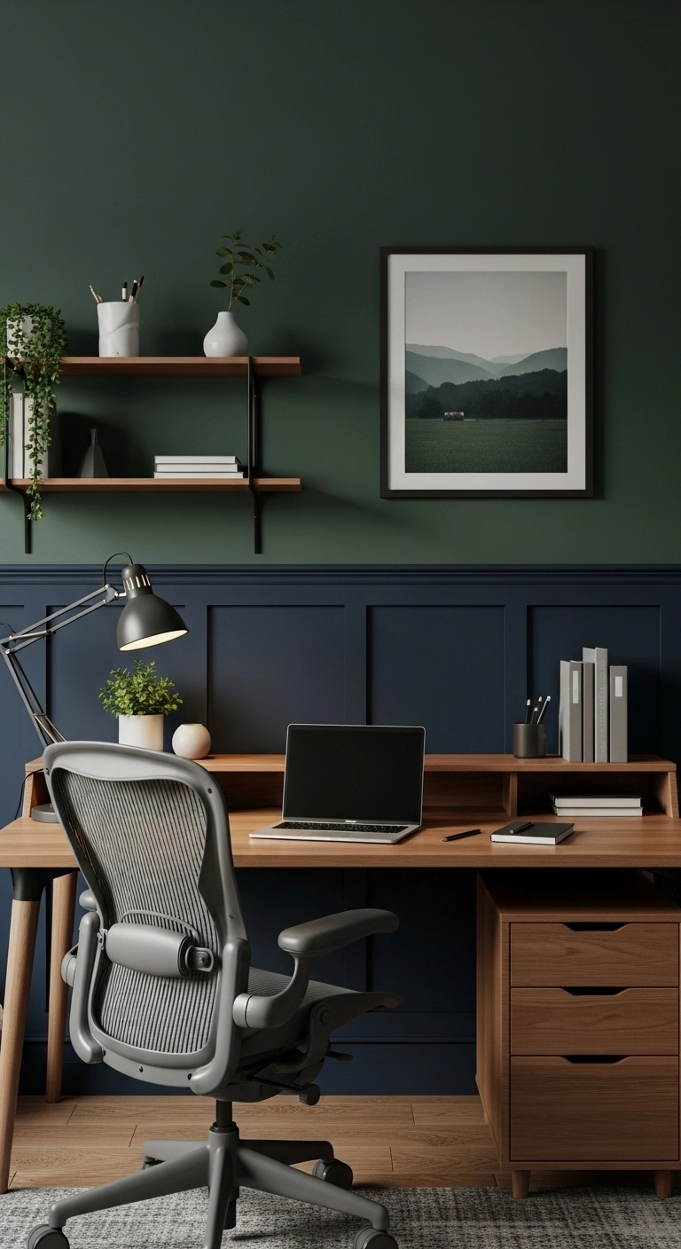 A moody home office with a dark green accent wall, modern desk, ergonomic chair, and soft lighting for a calm, focused workspace.
