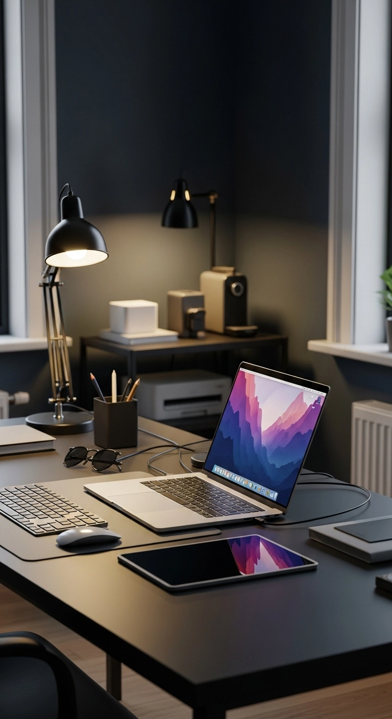 Moody home office with organized technology, hidden cords, and wireless devices for a clean, focused, and clutter-free workspace.