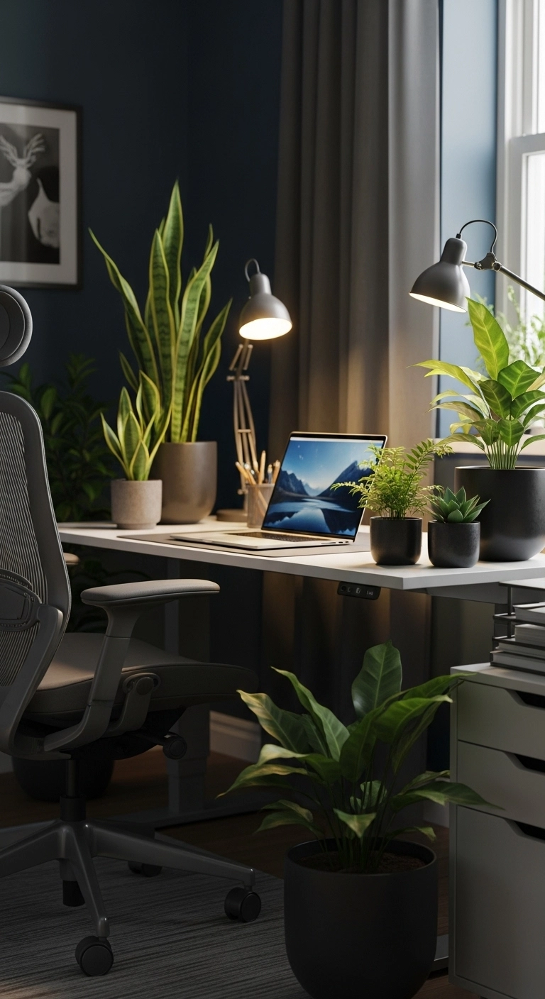 Moody home office with low-maintenance plants in dark pots, adding natural texture and a calm, focused atmosphere.