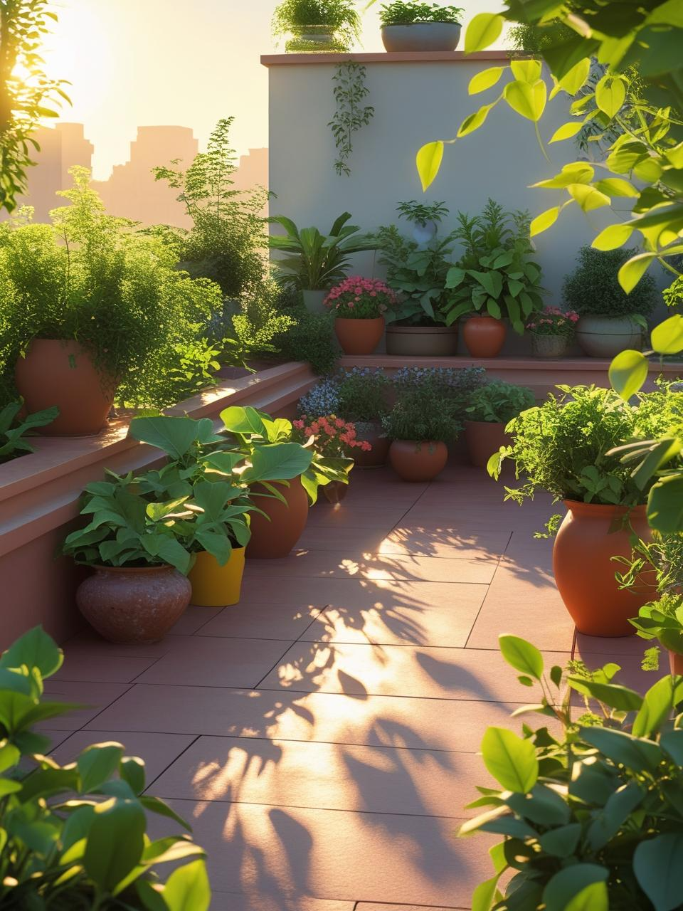 Morning sunlight falling on a thriving terrace garden with potted plants and shaded corners, showing sun exposure patterns.