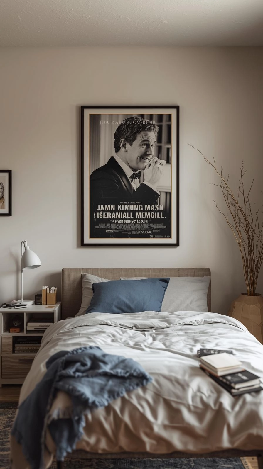 A modern dorm room with a large framed movie poster on the wall, reflecting the student’s personal style and film taste.