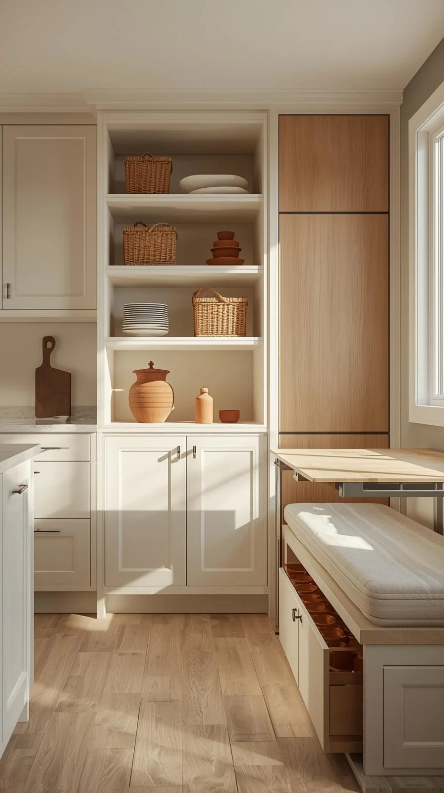 Small space kitchen storage ideas with a kitchen island, fold-down table, and bench seating doubling as hidden storage.