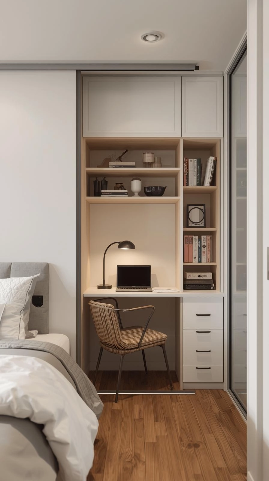 Small bedroom with Murphy bed and built-in desk, showing smart office bedroom combo ideas for tight spaces.