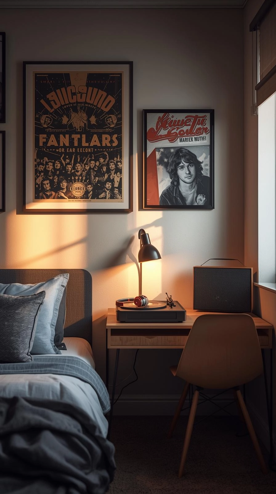 A modern dorm room decorated with framed music posters, headphones, and warm lighting that reflect a student’s energy and personality.